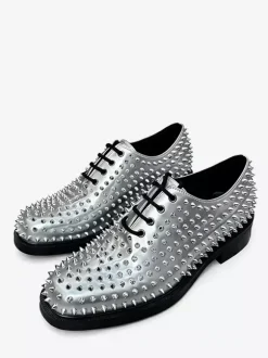 Chaussures de bal argentées à rivets bout rond lacets chaussures de soirée
