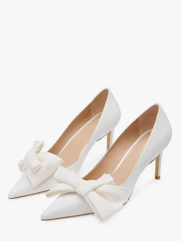 Chaussures de bal blanches en satin à bout pointu et n艙ud chaussures de mariage à talons hauts