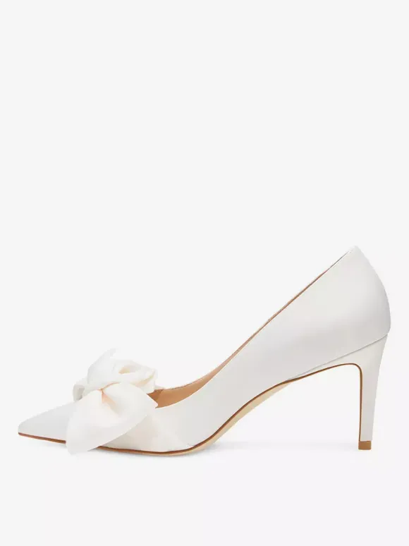 Chaussures de bal blanches en satin à bout pointu et n艙ud chaussures de mariage à talons hauts