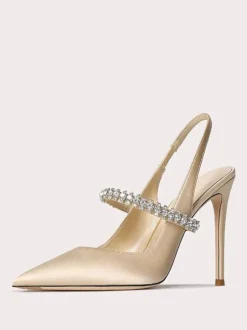 Chaussures de bal en satin strass noirs bout pointu talon aiguille escarpins à bride arrière