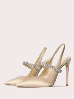 Chaussures de bal en satin strass noirs bout pointu talon aiguille escarpins à bride arrière