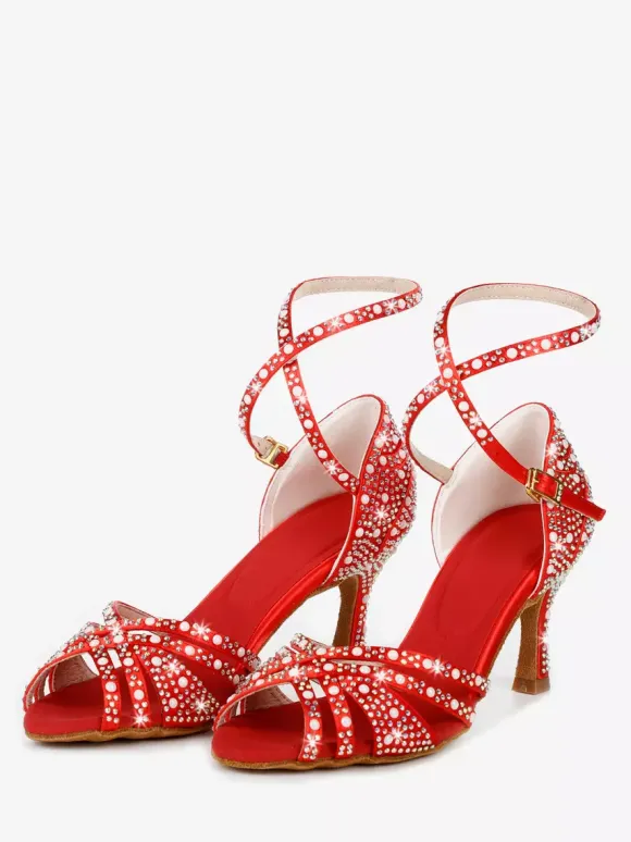 Chaussures de danse de salon en satin chaussures de danse latine à brides et strass