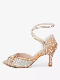 Chaussures de danse de salon pour femmes en satin orné de strass à bout ouvert et talons hauts pour danse latine