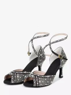 Chaussures de danse de salon pour femmes en satin orné de strass à bout ouvert et talons hauts pour danse latine