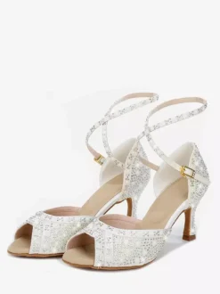 Chaussures de danse de salon pour femmes en satin orné de strass à bout ouvert et talons hauts pour danse latine