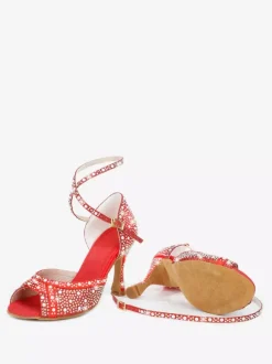 Chaussures de danse de salon pour femmes en satin orné de strass à bout ouvert et talons hauts pour danse latine