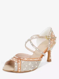 Chaussures de danse de salon pour femmes en satin orné de strass à bout ouvert et talons hauts pour danse latine