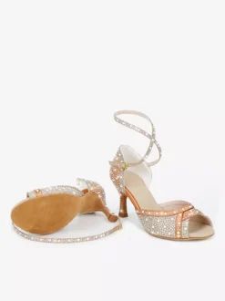Chaussures de danse de salon pour femmes en satin orné de strass à bout ouvert et talons hauts pour danse latine