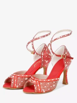 Chaussures de danse de salon pour femmes en satin orné de strass à bout ouvert et talons hauts pour danse latine