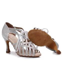 Chaussures de Danse Femme à Talons Hauts en Paillettes à Lacets Bicolores