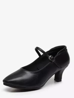 Chaussures de danse latine noires à bout rond style Mary Jane pour la danse de salon.