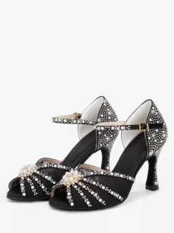 Chaussures de danse latine en satin à bout ouvert ornées de perles et d'une boucle. Chaussures de bal.