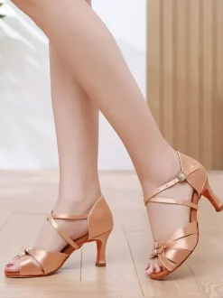 Chaussures de danse latine en polyester abricot clair à bout rond