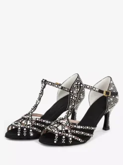 Chaussures de danse latine pour femmes bout ouvert strass bride en T talons hauts chaussures de danse de salon