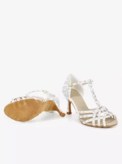 Chaussures de danse latine pour femmes bout ouvert strass bride en T talons hauts chaussures de danse de salon