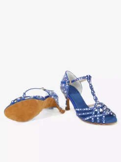 Chaussures de danse latine pour femmes bout ouvert strass bride en T talons hauts chaussures de danse de salon