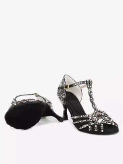 Chaussures de danse latine pour femmes bout ouvert strass bride en T talons hauts chaussures de danse de salon