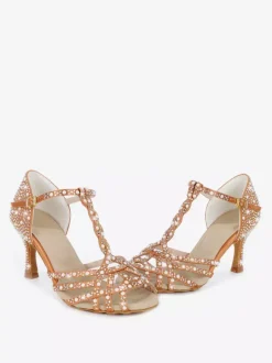 Chaussures de danse latine pour femmes bout ouvert strass bride en T talons hauts chaussures de danse de salon