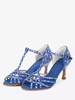 Chaussures de danse latine pour femmes bout ouvert strass bride en T talons hauts chaussures de danse de salon