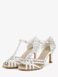 Chaussures de danse latine pour femmes bout ouvert strass bride en T talons hauts chaussures de danse de salon