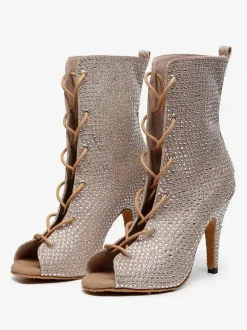 Chaussures de danse latine en cuir PU noir à bout ouvert et strass