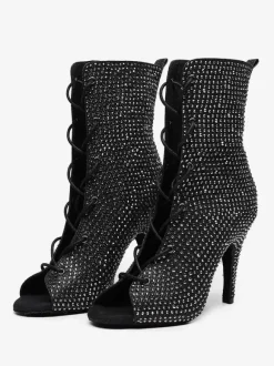 Chaussures de danse latine en cuir PU noir à bout ouvert et strass