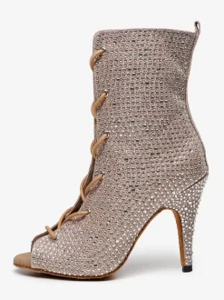 Chaussures de danse latine en cuir PU noir à bout ouvert et strass