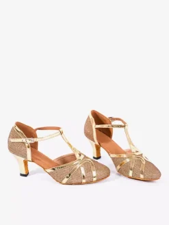 Chaussures de danse pour femmes chaussures à bout pointu et talon moyen métallisées et brillantes dorées