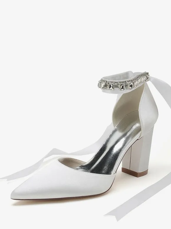Chaussures De Mariage À Bretelle Escarpins De Mariée Satin Bout Pointu
