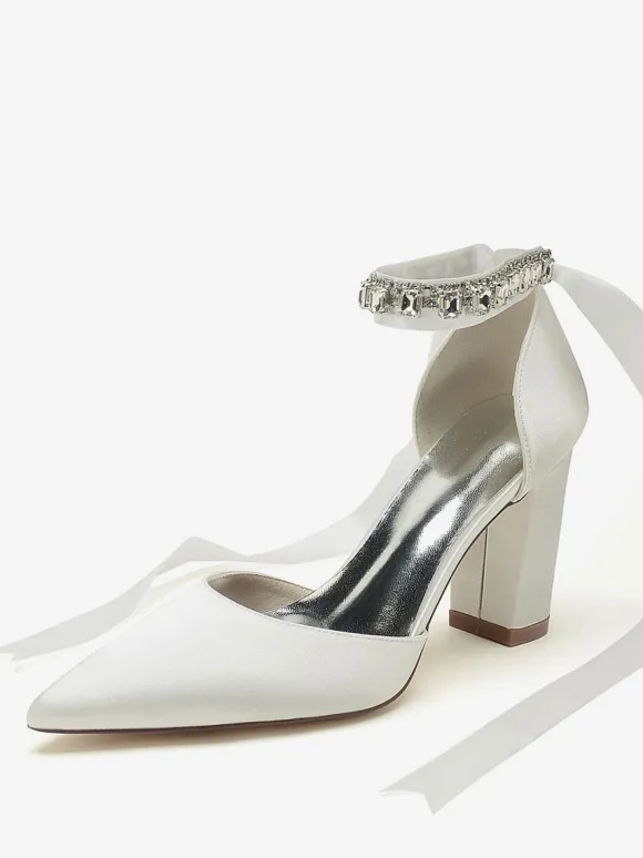 Chaussures De Mariage À Bretelle Escarpins De Mariée Satin Bout Pointu