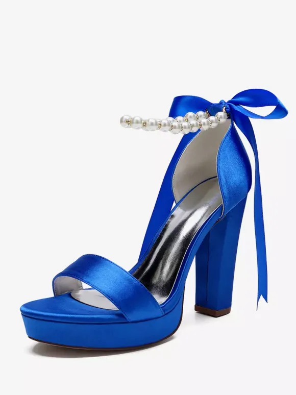 Chaussures de mariage à talons hauts avec plateforme et perles lacets n艙ud bride à la cheville chaussures de fête