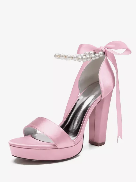 Chaussures de mariage à talons hauts avec plateforme et perles lacets n艙ud bride à la cheville chaussures de fête