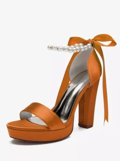 Chaussures de mariage à talons hauts avec plateforme et perles lacets n艙ud bride à la cheville chaussures de fête