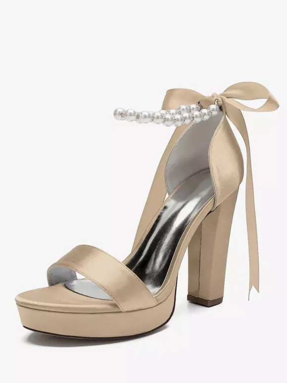 Chaussures de mariage à talons hauts avec plateforme et perles lacets n艙ud bride à la cheville chaussures de fête