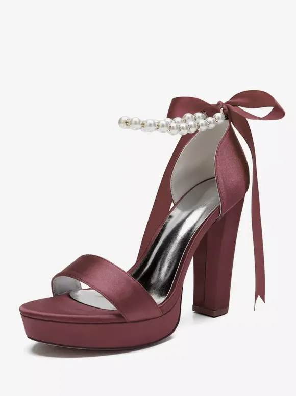 Chaussures de mariage à talons hauts avec plateforme et perles lacets n艙ud bride à la cheville chaussures de fête
