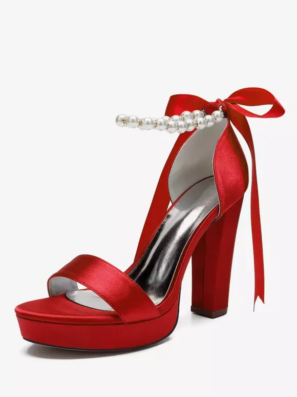 Chaussures de mariage à talons hauts avec plateforme et perles lacets n艙ud bride à la cheville chaussures de fête