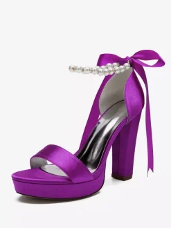 Chaussures de mariage à talons hauts avec plateforme et perles lacets n艙ud bride à la cheville chaussures de fête