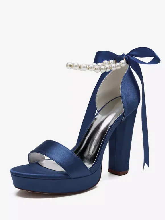 Chaussures de mariage à talons hauts avec plateforme et perles lacets n艙ud bride à la cheville chaussures de fête
