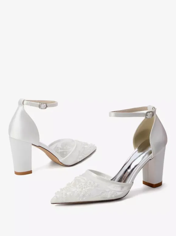 Chaussures de mariage à talons carrés bout pointu talons hauts perlés