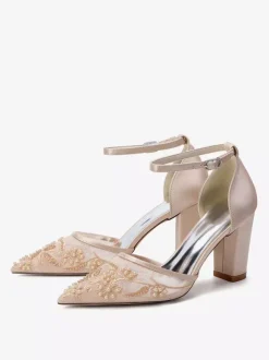 Chaussures de mariage à talons carrés bout pointu talons hauts perlés