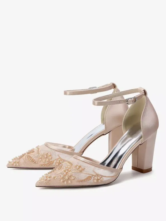 Chaussures de mariage à talons carrés bout pointu talons hauts perlés