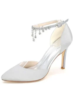 Chaussures de mariage à talons en satin unicolore avec strass ruban aux chevilles