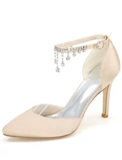 Chaussures de mariage à talons en satin unicolore avec strass ruban aux chevilles