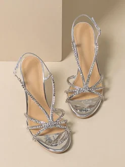 Chaussures De Mariage Argentées Femmes Bal À Bout Rond Bride Avec Strass Talons Hauts