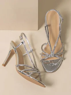 Chaussures De Mariage Argentées Femmes Bal À Bout Rond Bride Avec Strass Talons Hauts