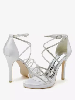 Chaussures de mariage blanches en satin à bout ouvert et à lanières avec strass