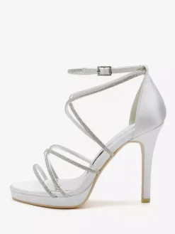 Chaussures de mariage blanches en satin à bout ouvert et à lanières avec strass