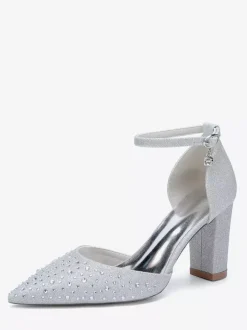 Chaussures de mariage blanches en satin et strass escarpins à bout pointu et talon épais