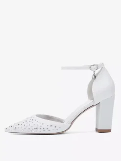 Chaussures de mariage blanches en satin et strass escarpins à bout pointu et talon épais