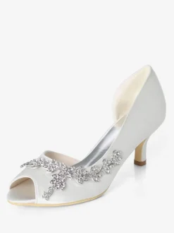 Chaussures de mariage blanches strass à paillettes Peep Toe Kitten Heel chaussures de mariée chaussures d'invité de mariage